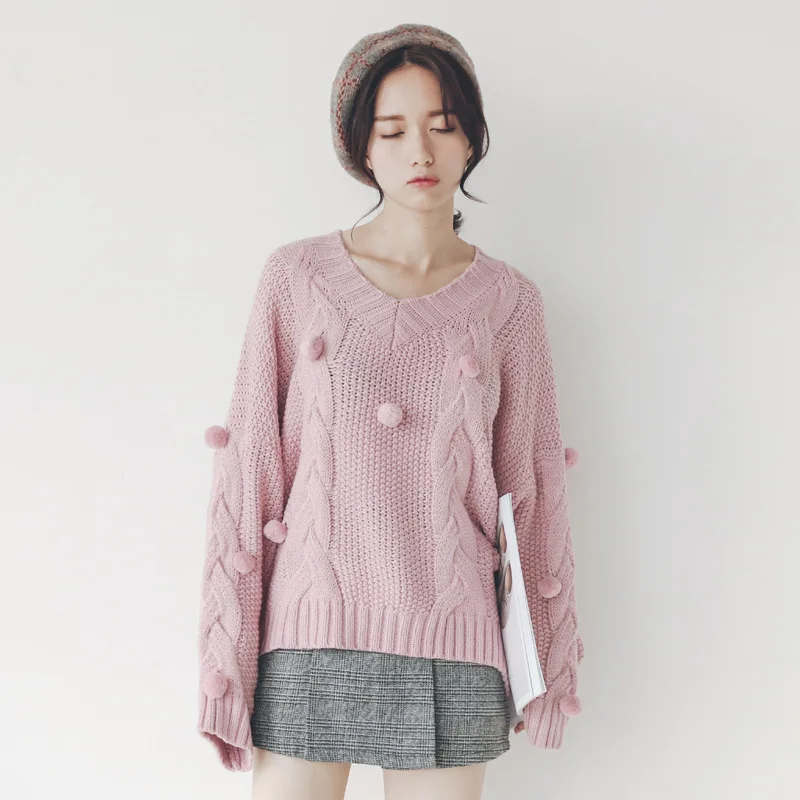 Vefadisa 2017 Autumn Winter New Korea Retro Vintage Green Weave Sexy V Neck 3D Ball Knitting Irregular Women Sweater A748 | Женская