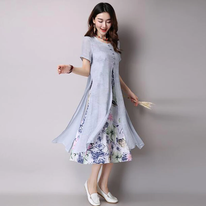 2017 женское винтажное платье с круглым вырезом и коротким рукавом Двухслойное