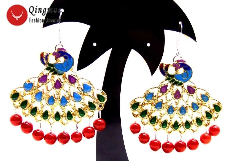 

Qingmos 40mm Multicolor Peafowl Pendant Earring for Women with 6mm Round Red Natural Dangle Coral Earring for Women Jewelry e418