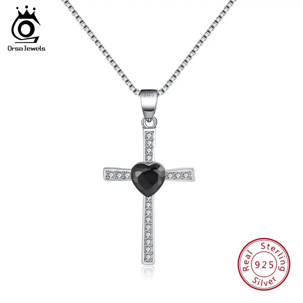 Black Zircon ORSA JEWELS, подлинное 925 пробы Серебряное сердце с подвеской в виде Креста для женщин, ожерелья AAA CZ, Модные женские ювелирные изделия ASN88 - Цвет камня: Black Zircon