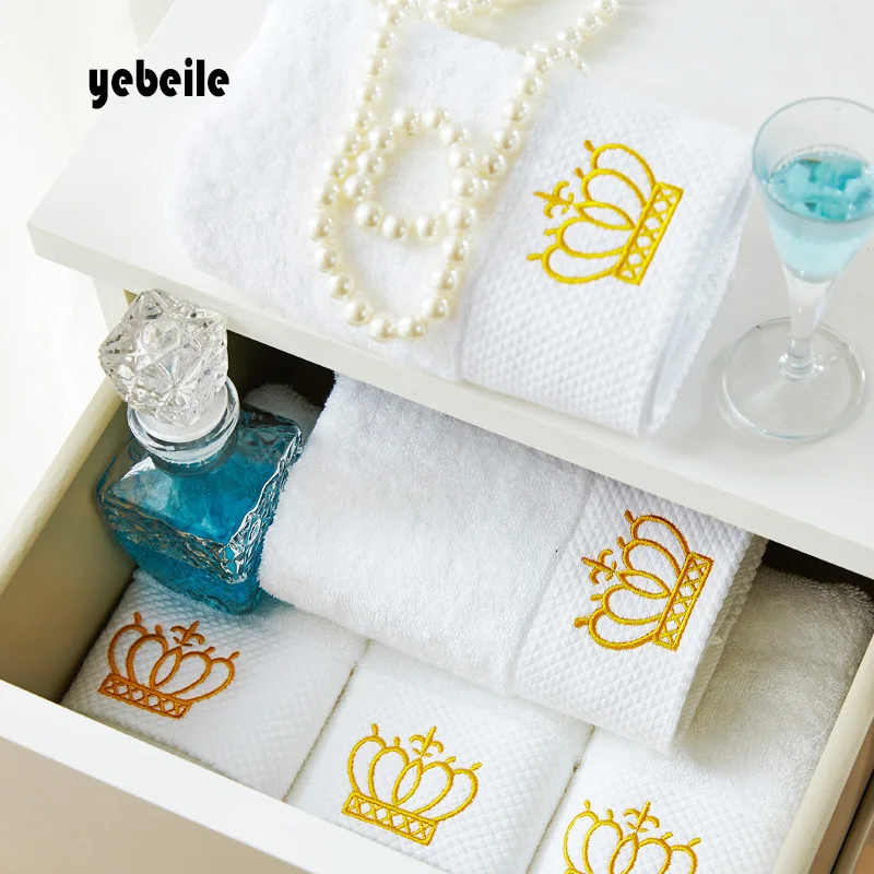 Yebeile cotton Embroidered Imperial Crown Cotton White Hotel towel facetowel, hand towel bathtowel Absorbent Towel sets