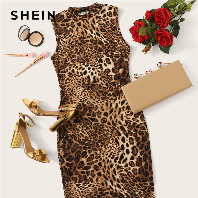 SHEIN многоцветное Современное женское элегантное платье с воротником-стойкой и леопардовым принтом длиной до колен, Осеннее женское платье для работы
