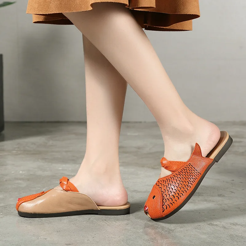 Women Leather Slippers Flat Heels Peep Toe Summer Shoes Girls Casual Handmade Genuine Beach Slipper Fish | Обувь