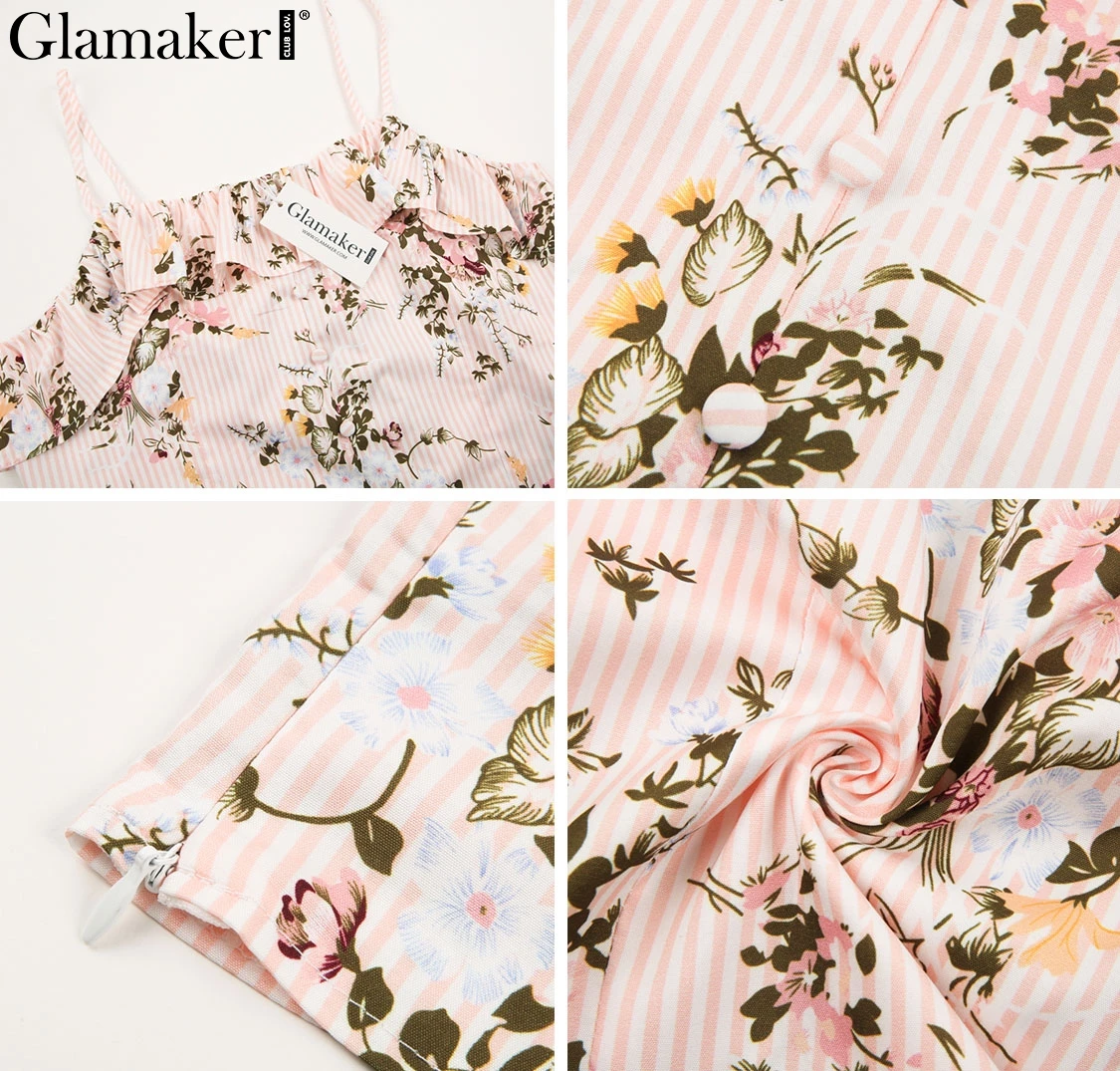 Glamaker, летняя женская майка с цветочным принтом и рюшами, розовая Полосатая майка, майка, футболки, богемная пляжная рубашка без рукавов, топ на бретельках