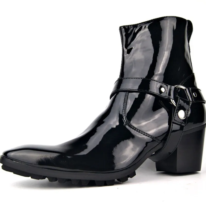 

Patent Leather High Heel designer brand personalized Harness Boots buckle strap cowboy punk handmade shoes