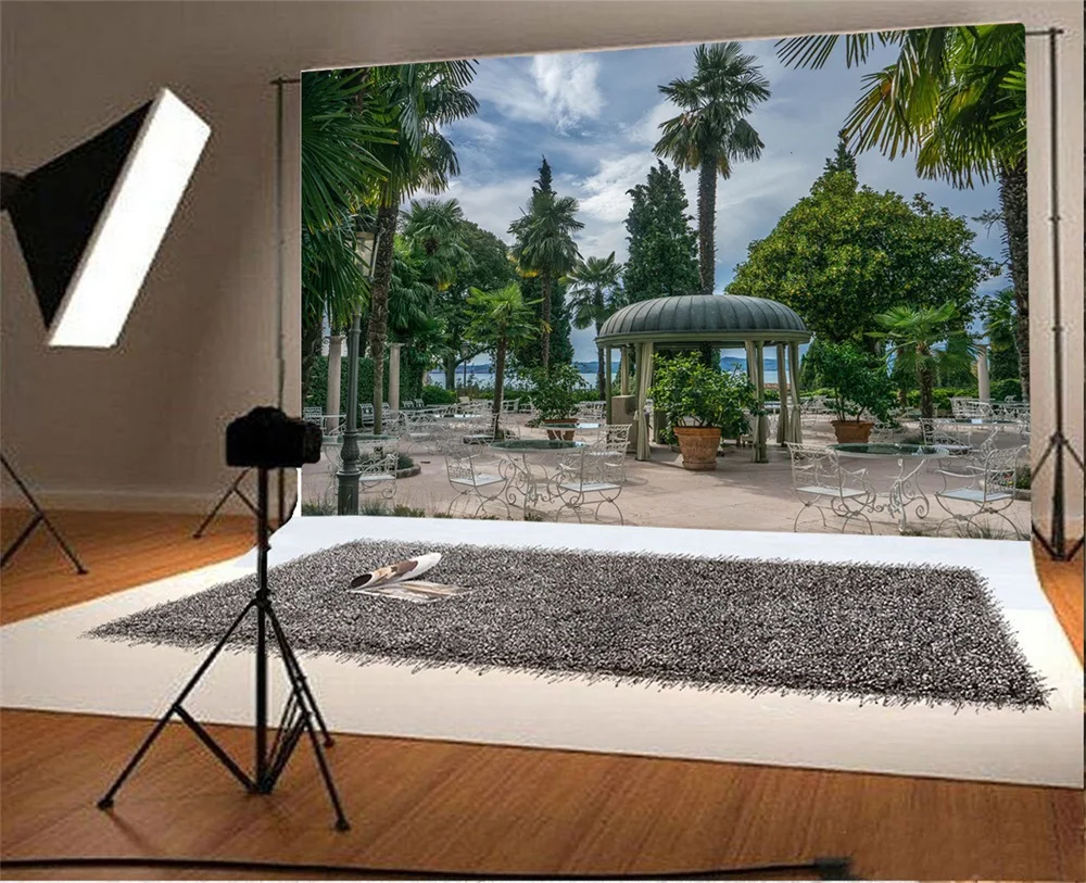 Laeacco Sea Beach Palm Trees Desk Chairs Scenic Photography Backgrounds Customized Photographic Backdrops For Photo Studio | Электроника