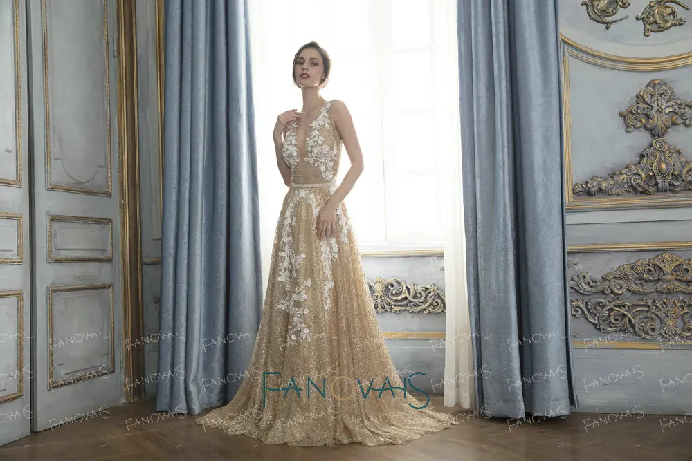 Золотые Вечерние Платья Длинные Сверкающие Блеск Вечерние Платья Vestido De Festa Longo Robe De Soiree Кружева Платье Выпускного Вечера Вечернее Платье