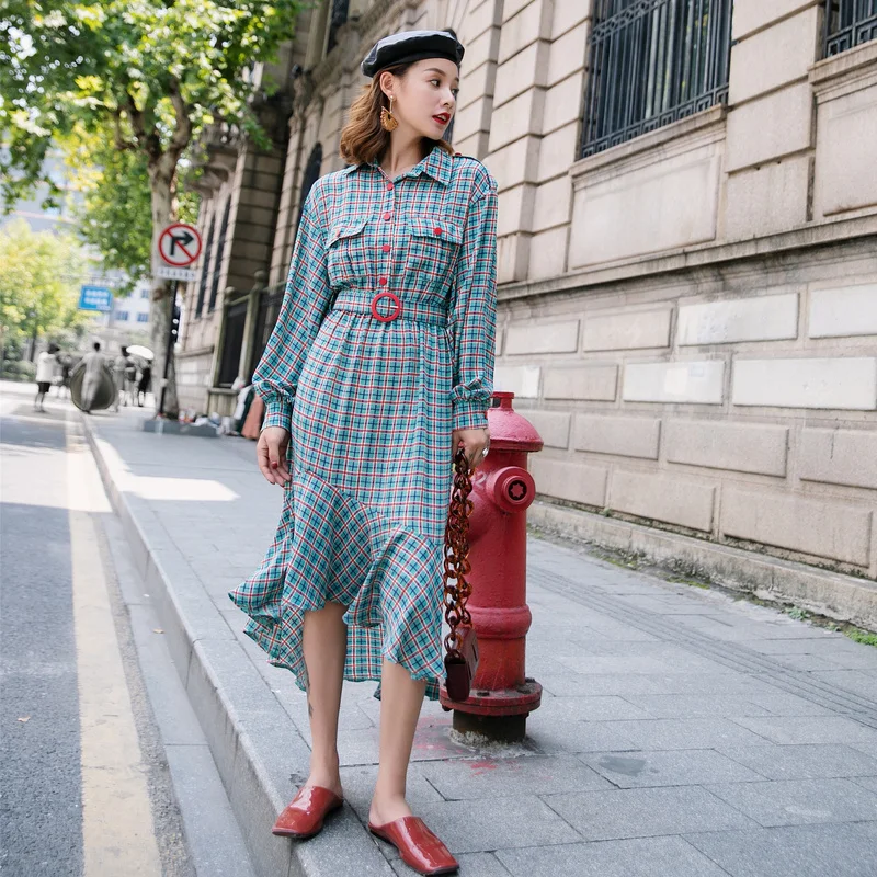 Винтаж высокое качество Асимметричный плед до середины икры платье Для женщин