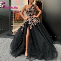 long evening dresses 2020 one shoulder elegant high quality sexy high slit saudi arabia black formal gown robe de soiree