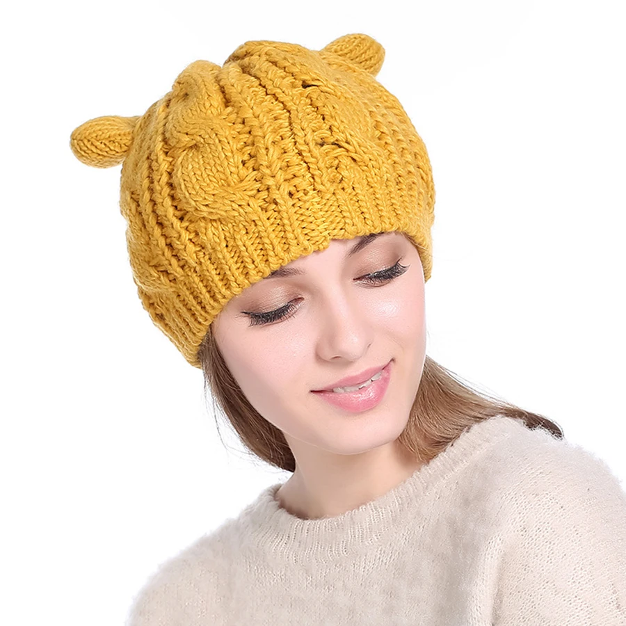 Для женщин Милое кошачье ушко Hat Skullies шапочки теплые однотонные Цвет хип-хоп леди