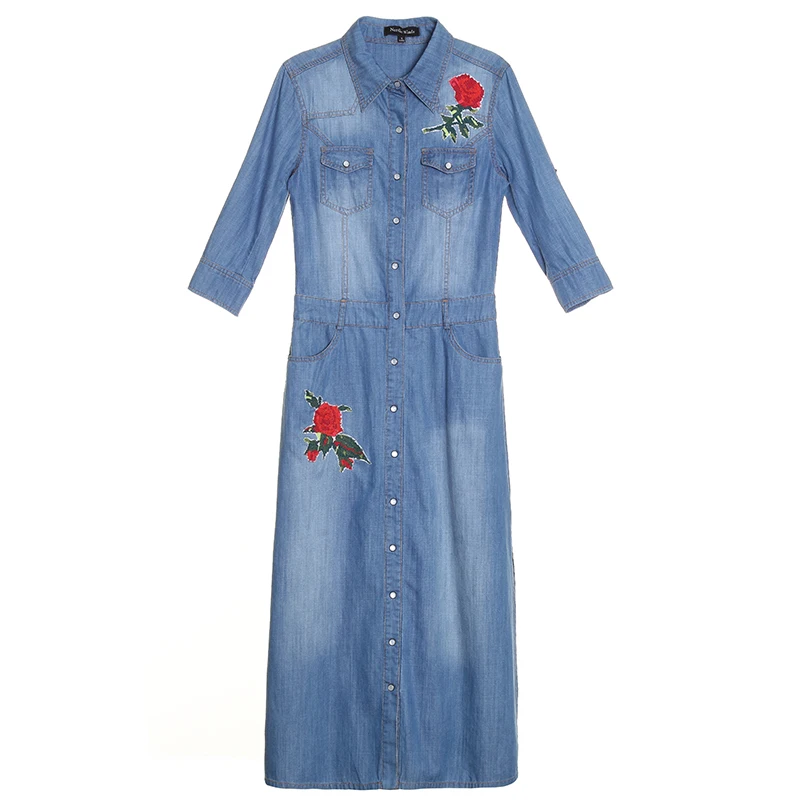New 2017 Jeans Dress Hand Roses Flower Embroidered Womans Midi Denim Three Quarter Sleeve Brief Belt Pockets Blue Dresses | Женская