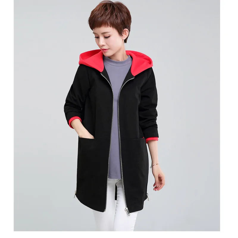 

Spring Middle-aged Woman Hooded Windbreaker Coats 2018 New Korea Loose Patchwork Medium-long Casual Large size Trench coats 4XL