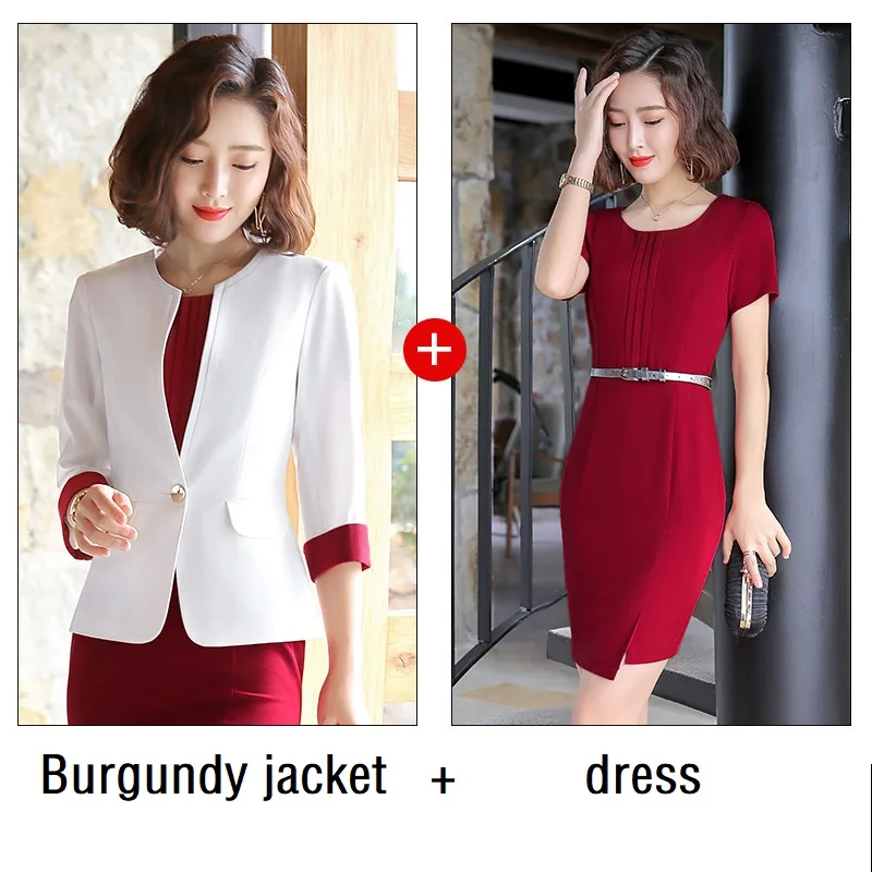 Burgundy jacket dres Женские костюмы, приталенные весенние платья с принтом и рукавом до локтя, комплект из 2 предметов, деловые Деловые женские платья, костюмы, женские комплекты, костюмы - Цвет: Burgundy jacket dres