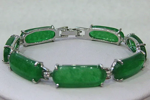 

wholeseal green jade beads silver plated link cuff bangle bracelet 7.5 inch AAA#b12 5.30