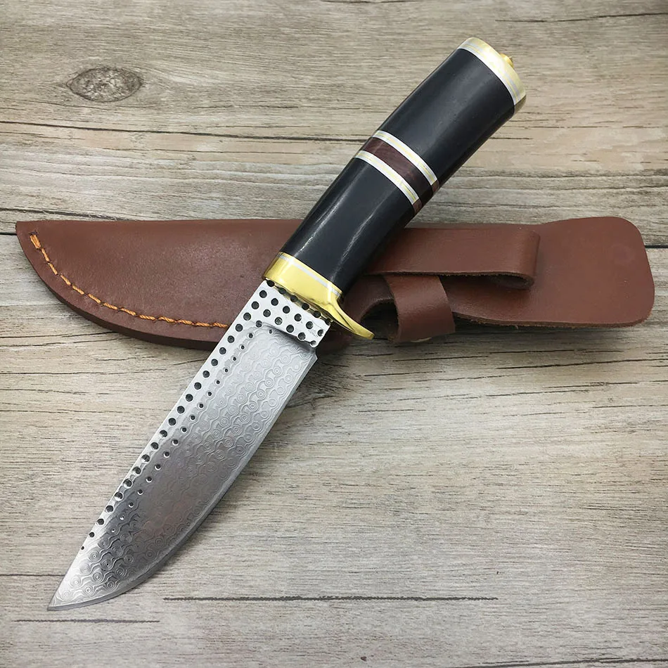 Handmade forged Damascus Steel hunting knife fixed copper ebony handle first layer 59 HRC camping tool Straight | Инструменты