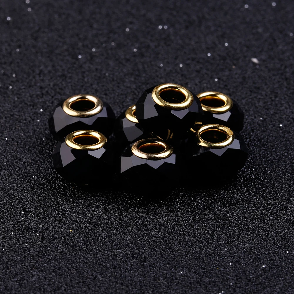 10 Pcs a Lot Gold-Color Black faceted Glass Beads Fit For Pandora Charms Bracelet Round DIY Murano Big Hole Charm | Украшения и