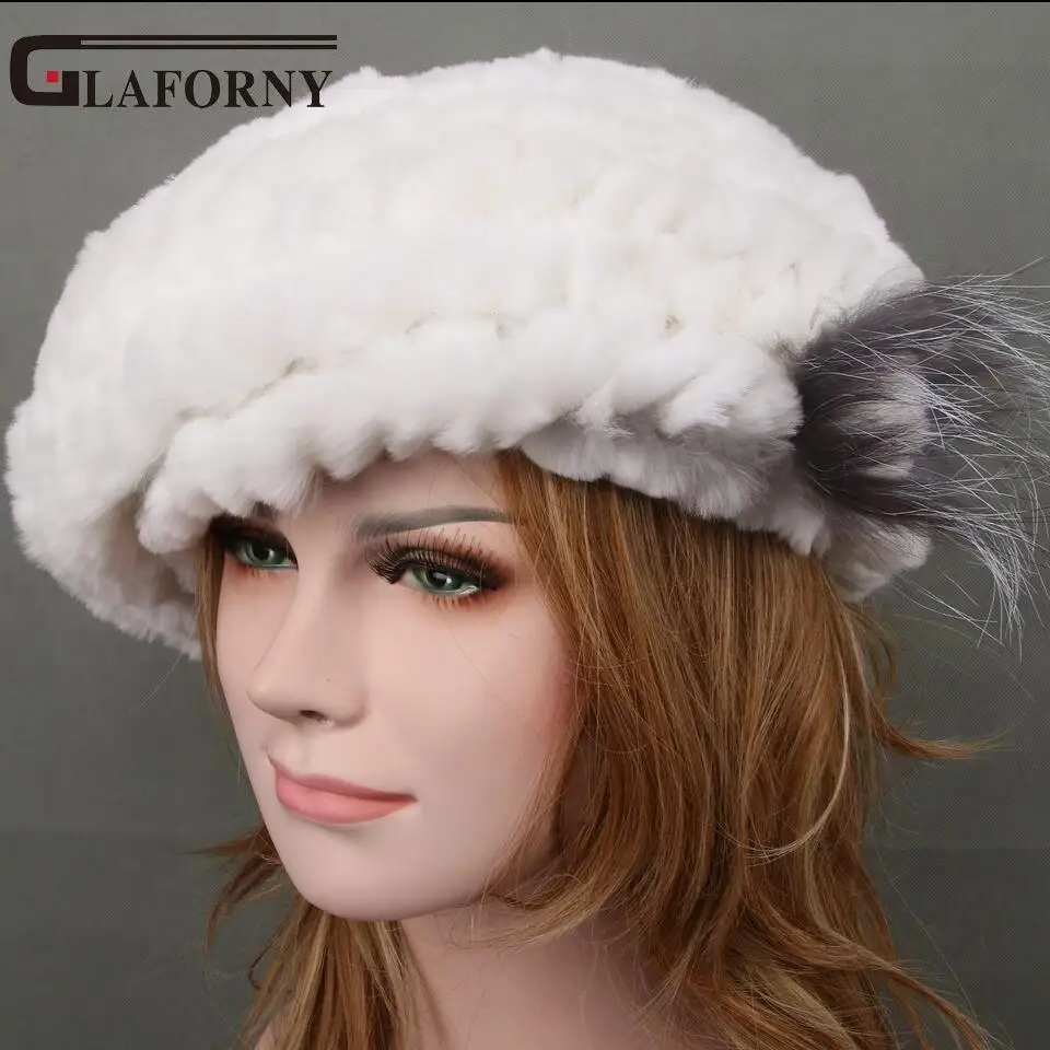 Glaforny зимний Настоящий мех кролика шапка берет меховая шапка зимняя натуральная женская теплая шапка с лисьим мехом цветок - Цвет: off white
