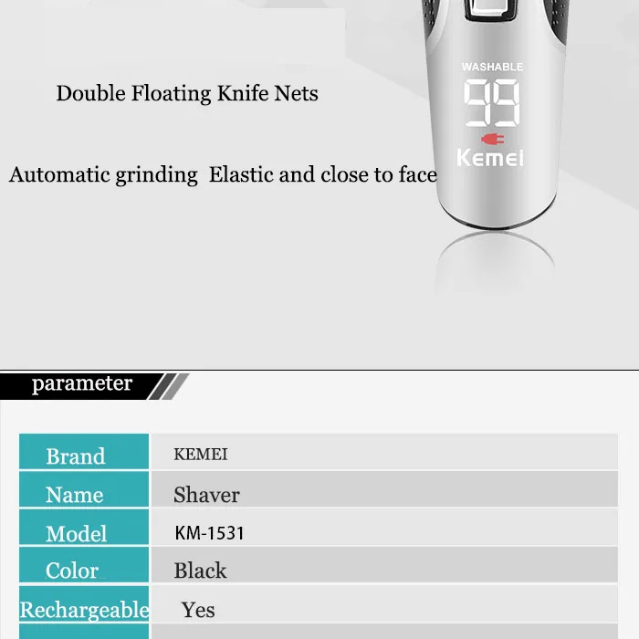 Kemei1531 возвратно-поступательная бритва перезаряжаемая электробритва ЖК-светильник с тройным лезвием бритвенные бритвы для мужчин уход за лицом 3D плавающий