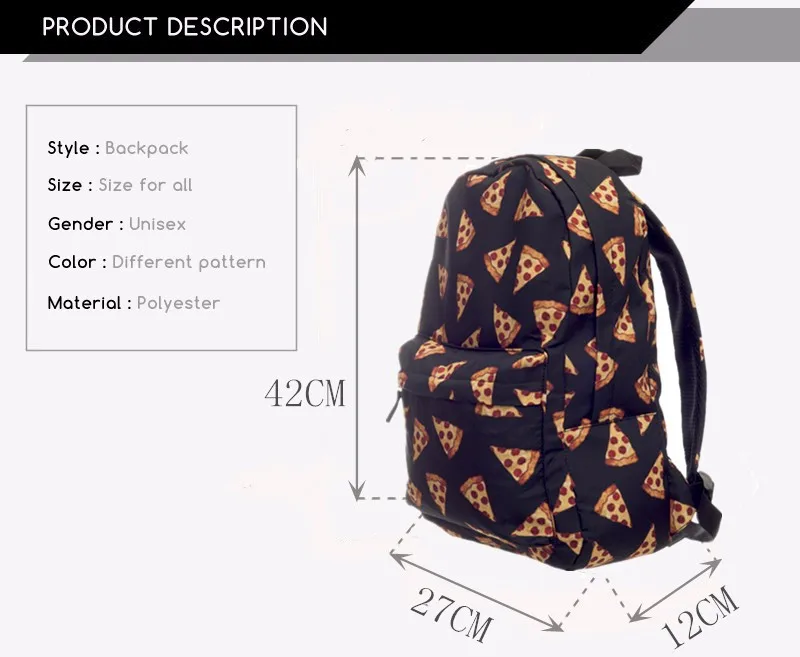 Черный рюкзак с 3D принтом для пиццы, женские рюкзаки mochila, новые школьные Рюкзаки mochilas sac a dos rugtas zainetto