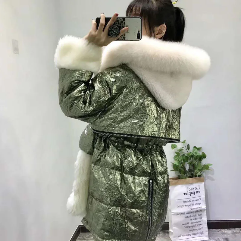 Женское пальто, зимнее, плотное, теплое, новинка, модный пуховик на утином пуху, натуральный Лисий мех, с капюшоном, парка из натуральной овечьей шерсти, abrigos mujer