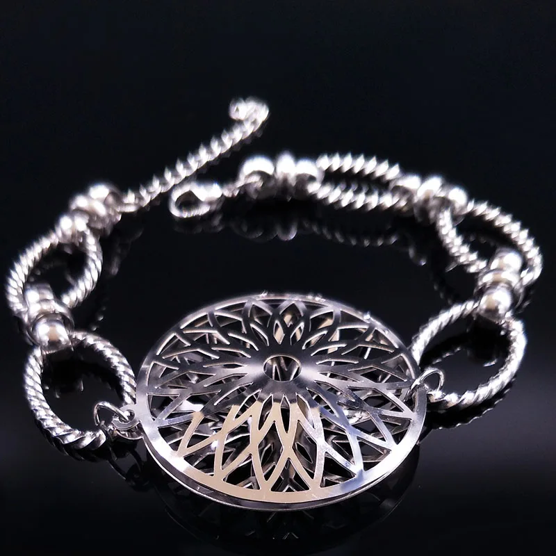 Большой цветок нержавеющая сталь Bracelete для Для женщин полые чешские Круглые