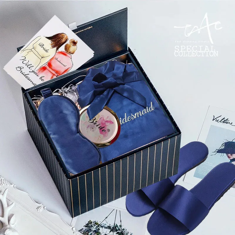 Dark Blue -gifts set ; комплект из 2 предметов; цвет розовый, синий, белый; Свадебный Атласный халат; тапочки; компактный зеркальный индивидуальный Подарочный комплект для подружки невесты - Цвет: Dark Blue -gifts set