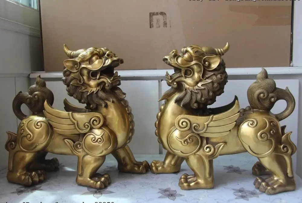 Китайский дворец Латунь Медь Pixiu Храбрые войска Собака Лев Статуя KIRIN пара | Дом и