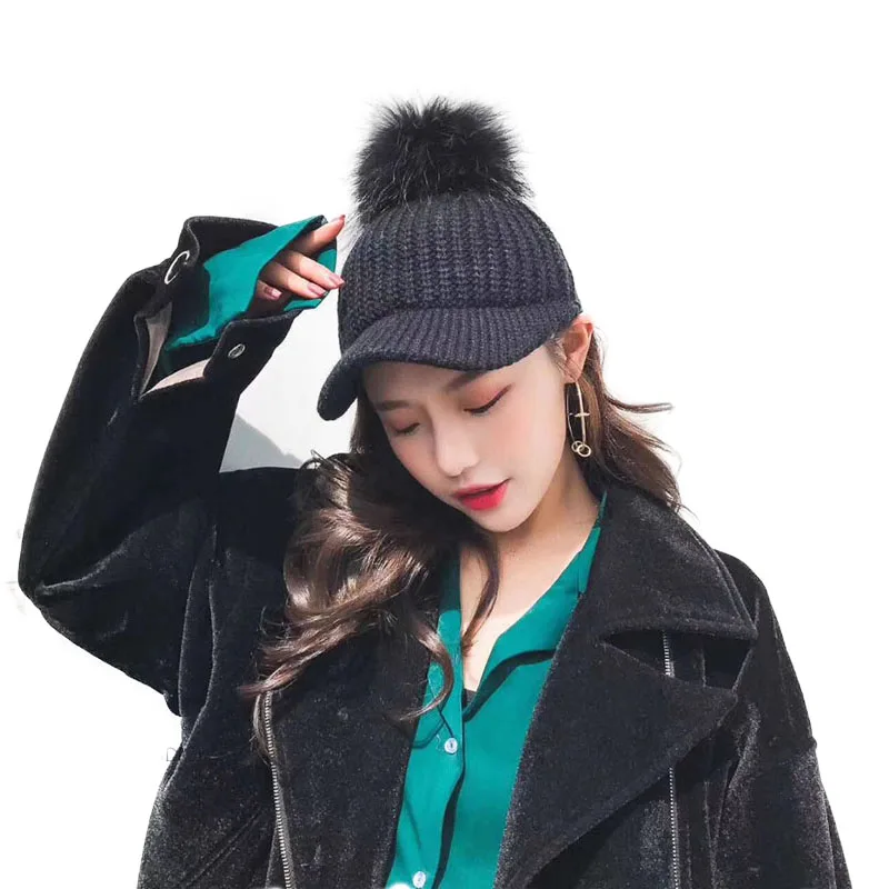 BINGYUANHAOXUAN Korean Hair ball Knitted wool cap Autumn hat women Keep warm Curved eaves Raccoon fur Peaked cap Baseball Caps