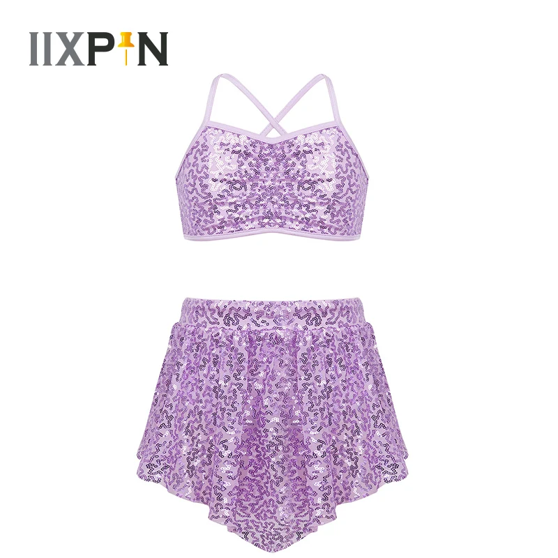 Женское танцевальное платье с блестками укороченный топ на бретельках и юбкой