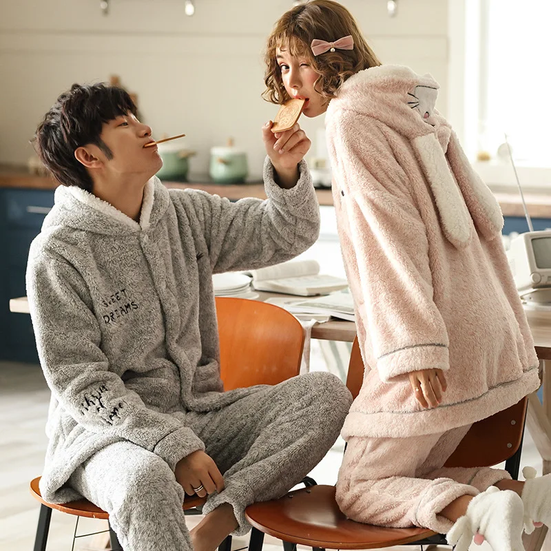 Зимняя фланелевая одежда для сна с капюшоном Одинаковая пар теплый плюшевый
