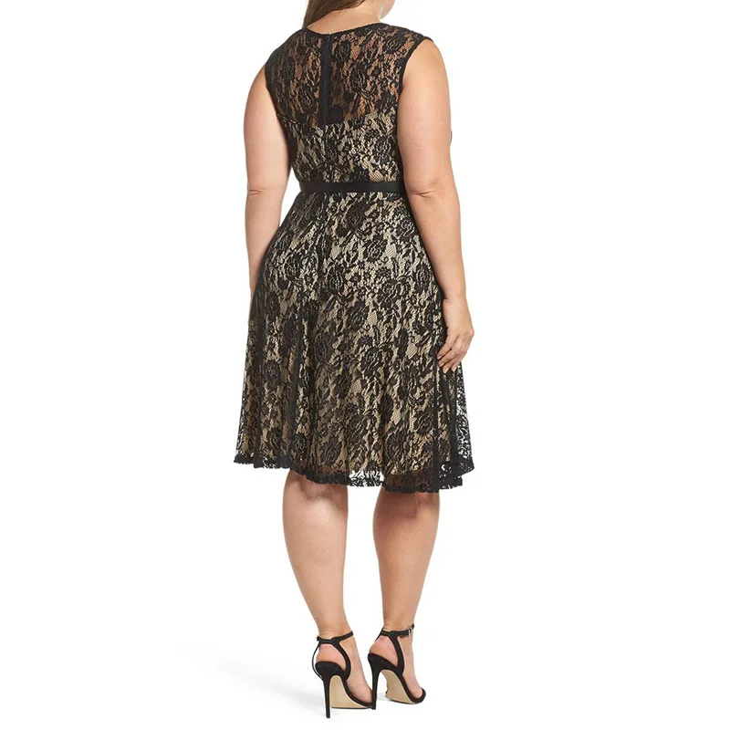 2018 плюс Размеры круглым вырезом кружевное платье без рукавов в стиле пэчворк