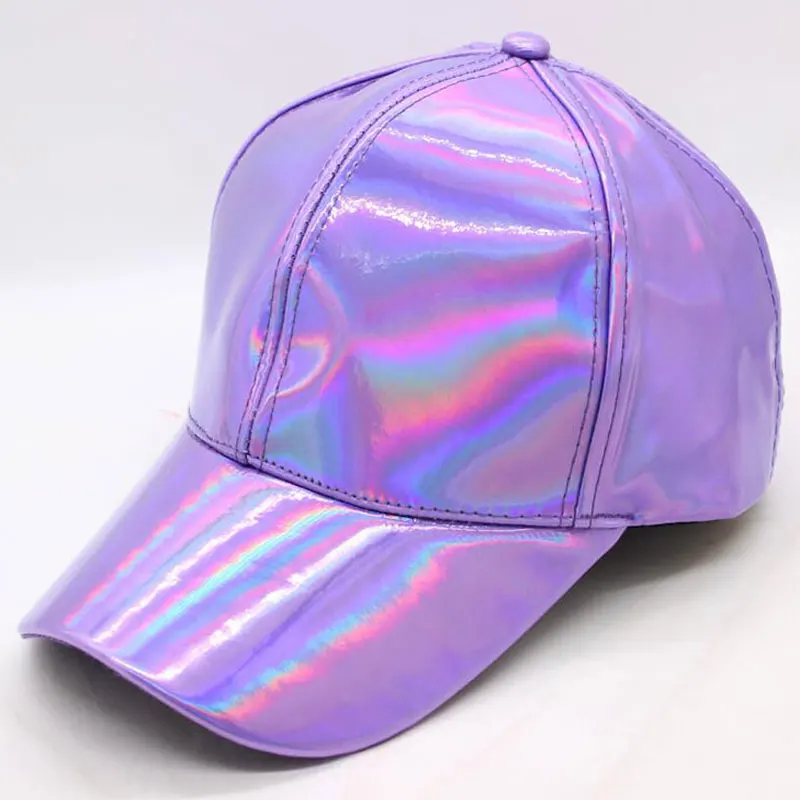 Rainbow PU Leather Baseball Cap Adjustbale Snapback Hats for Men Women Purple Gold Silver 6 Panels Hip Hop Caps Dance Party Wear - Цвет: Светло-фиолетовый