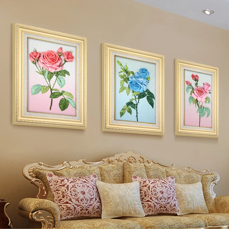 

50x35cm 3D Rose flowers Ribbon embroidery kit stain painting set handcraft kit DIY handmade needlework art home decor