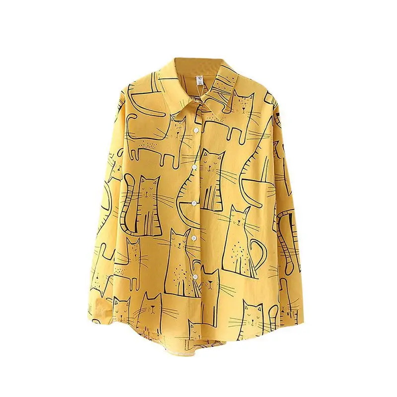 

Fashion Women Shirt Spring Summer Long Sleeve Cat Printed Tops Loose Turn Down Collar Blouse