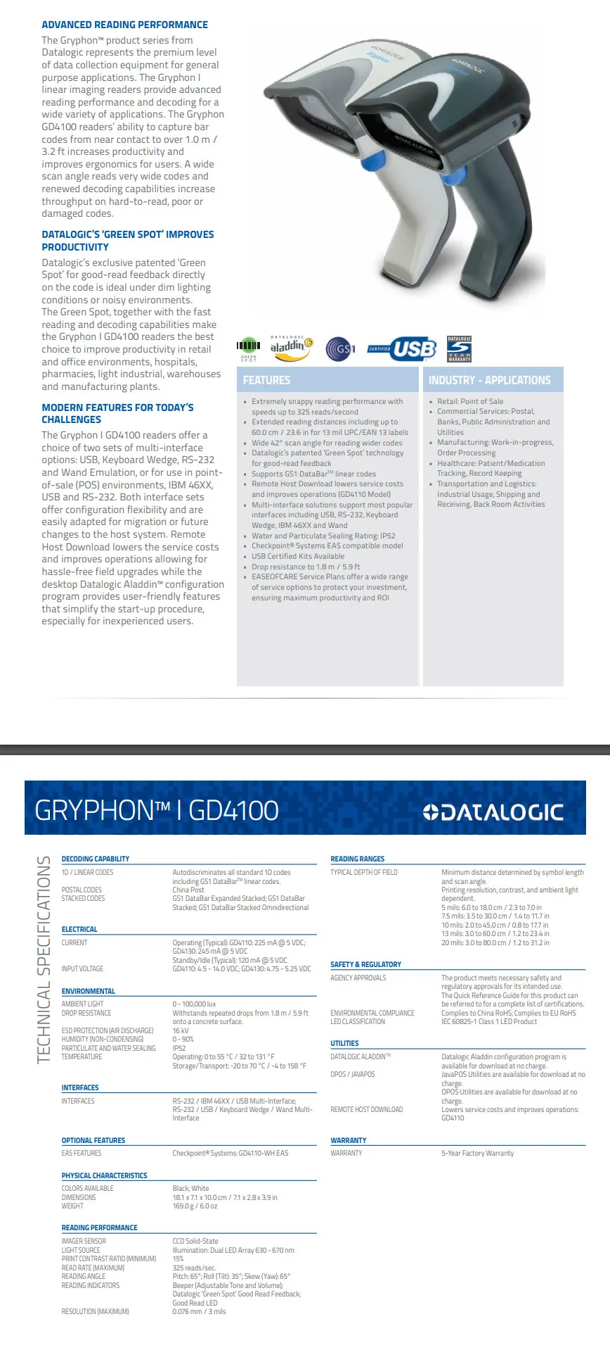 Datalogic GD4130 PN: GD4130-BKK1 USB проводной 1D CCD ручной сканер штрих-кодов(комплект включает в себя Imager и usb-кабель) для POS решений