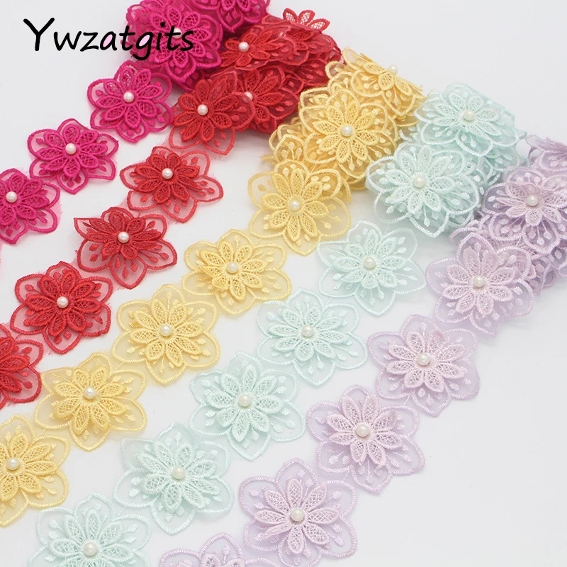 Ywzatgits 1y/лот разноцветные 6 см двойная вышивка цветок с жемчугом кружева ленты пошив одежды «сделай сам» Аксессуары YN0501