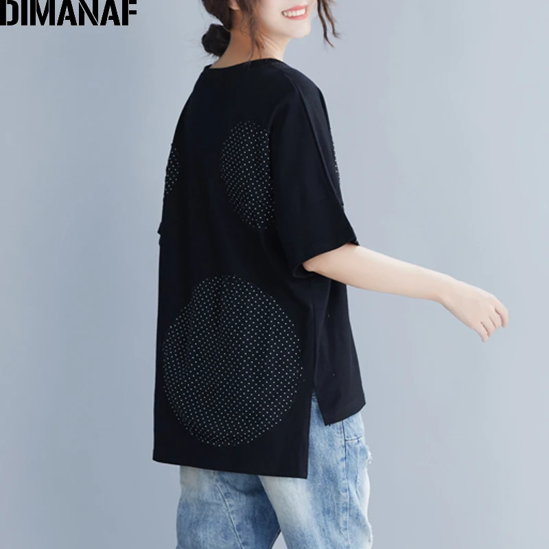 Женская футболка в горошек DIMANAF Повседневная Свободная хлопковая Туника черного