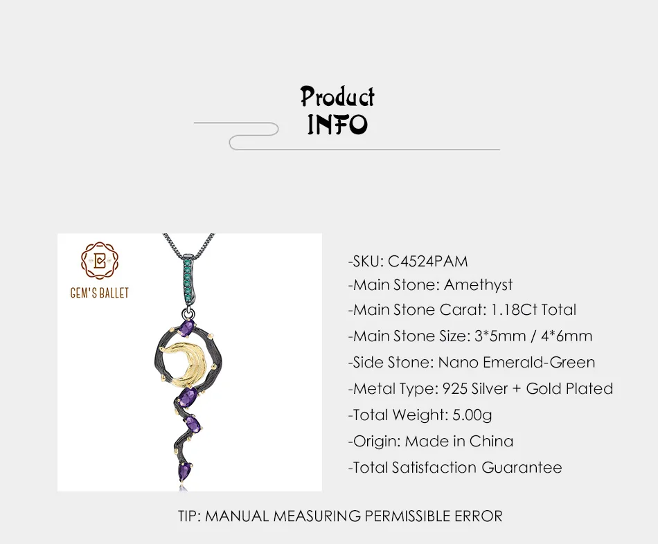 GEM'S балет 1.18Ct натуральный аметистовый драгоченный камень ювелирные украшения 925 пробы серебро ручной работы луна кулон ожерелье для женщин Bijoux