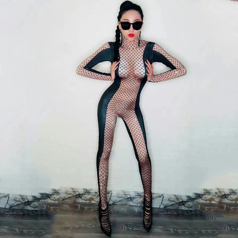 Черный сетчатый боди Zentai сексуальные джазовые танцевальные костюмы женский