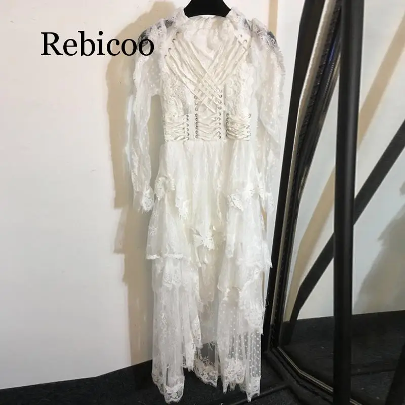 Rebicoo Стильное женское платье с длинным рукавом на шнуровке асимметричное Каскадное кружевное платье с оборками