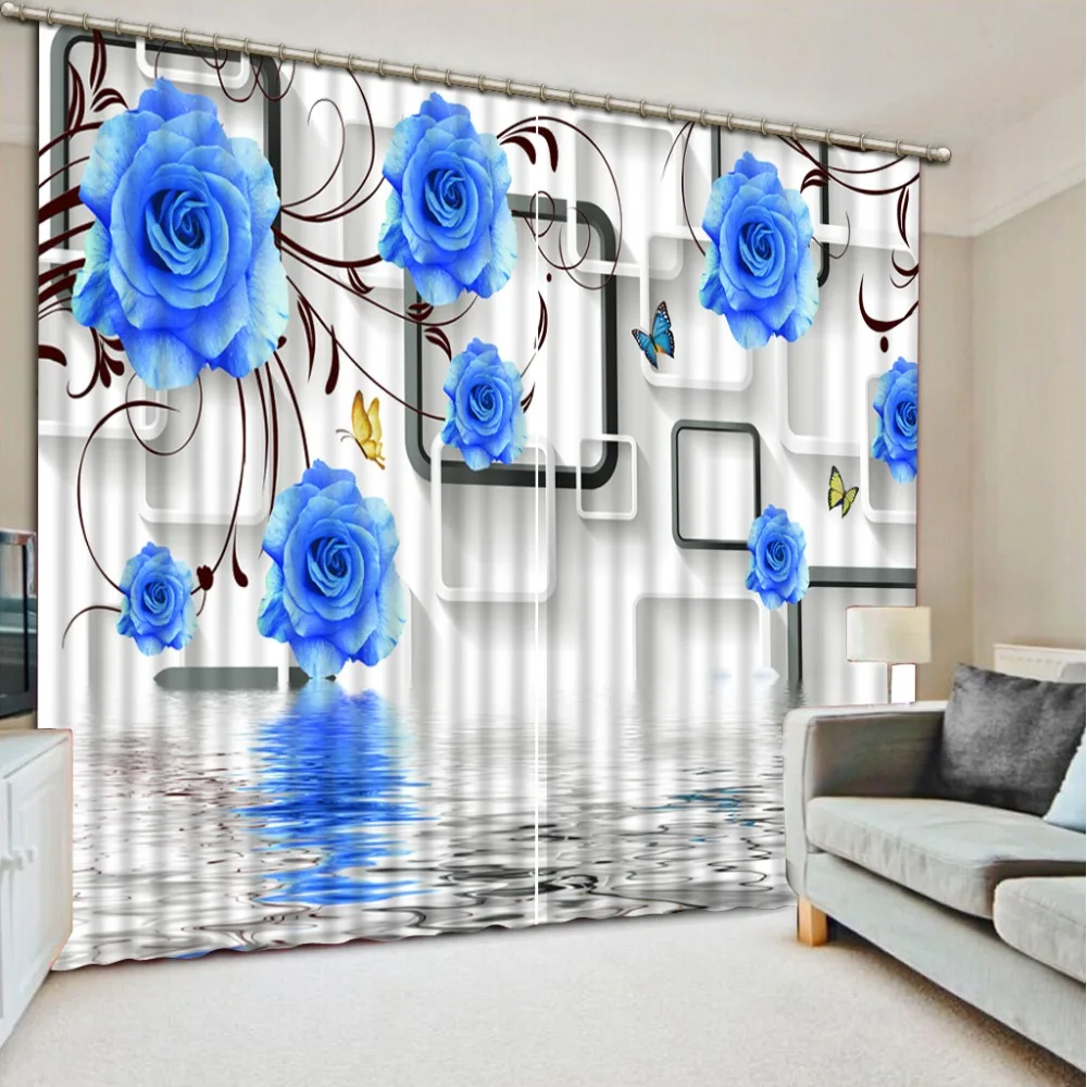 

Flowers print Chinese Customized 3D Blackout Curtains Living Room Bedroom Hotel Window blue rose curtains