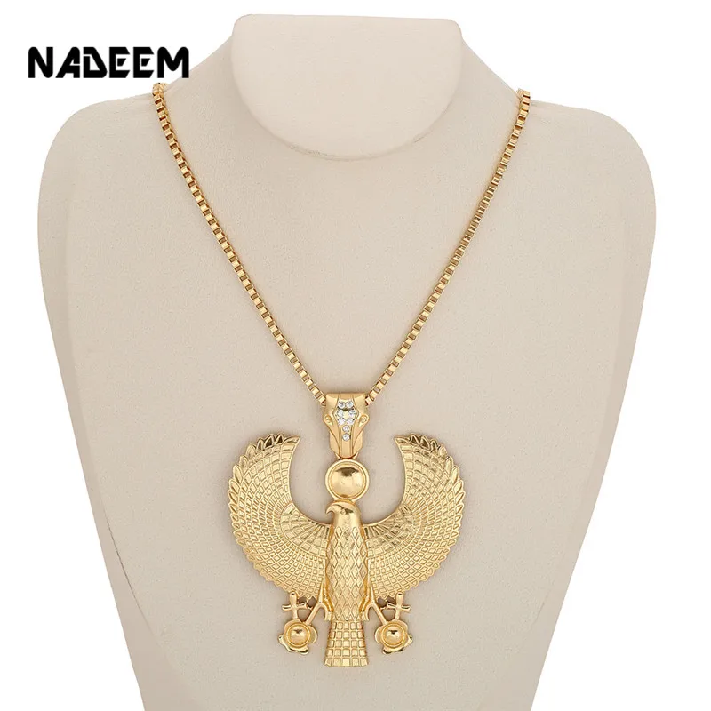 Newest Fashion Metal Gold Color Egyptian Horus Bird Falcon Holding Ankh Pendant Necklace Bib Chain Choker Animal Hiphop Necklace