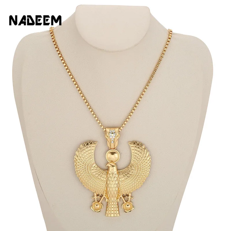

Newest Fashion Metal Gold Color Egyptian Horus Bird Falcon Holding Ankh Pendant Necklace Bib Chain Choker Animal Hiphop Necklace