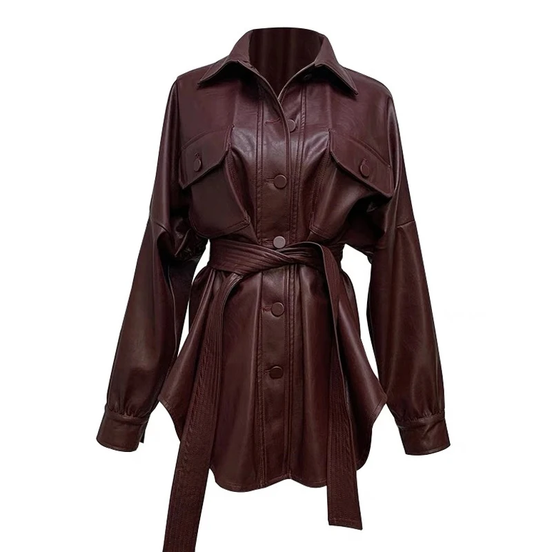 

YNZZU 2019 New Autumn Women Loose Soft Leather Jackets Buttons with belt Win red PU Outerwear Chic Motorcycle Biker coats YO853