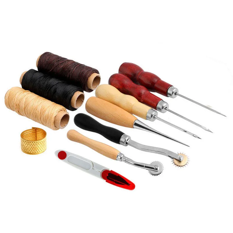 

High Quality 13Pcs Leather Craft Hand Stitching Sewing Tool Thread Awl Waxed Thimble Kit T10Drop Ship