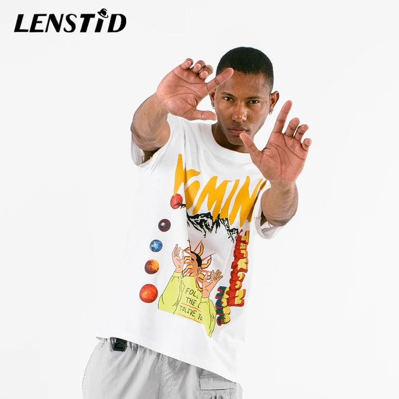 LENSTID граффити мультфильм Kanye печати уличная футболки для мужчин забавные хип хоп