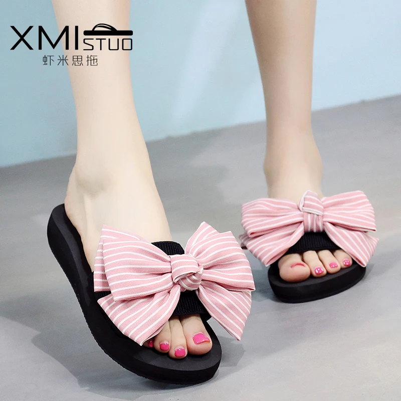 Women Striped Bow Patch High Heel Casual Slippers | Тематическая одежда и униформа