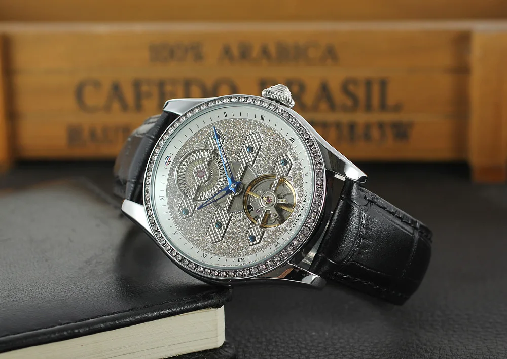 

2018 New Arrival Forsining Men Automatic Watch Fashion Clear Stones Genuine Leather Strap Tourbillon Vogue Wristwatch JJT004
