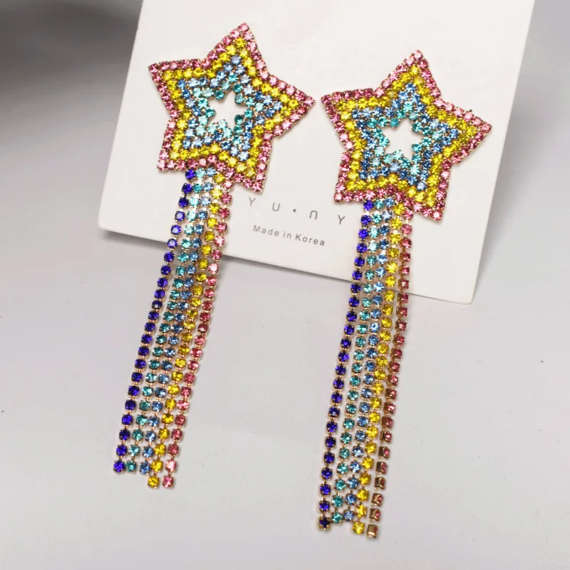 Роскошные модные разноцветные блестящие подвески стразы звезда Висячие серьги