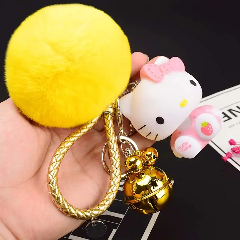 Милый мультфильм hello kitty Кролик Мех Шар помпон подвески-Помпоны ремешок для женщин металлические брелки-цепочки автомобиля сумка Шарм D151